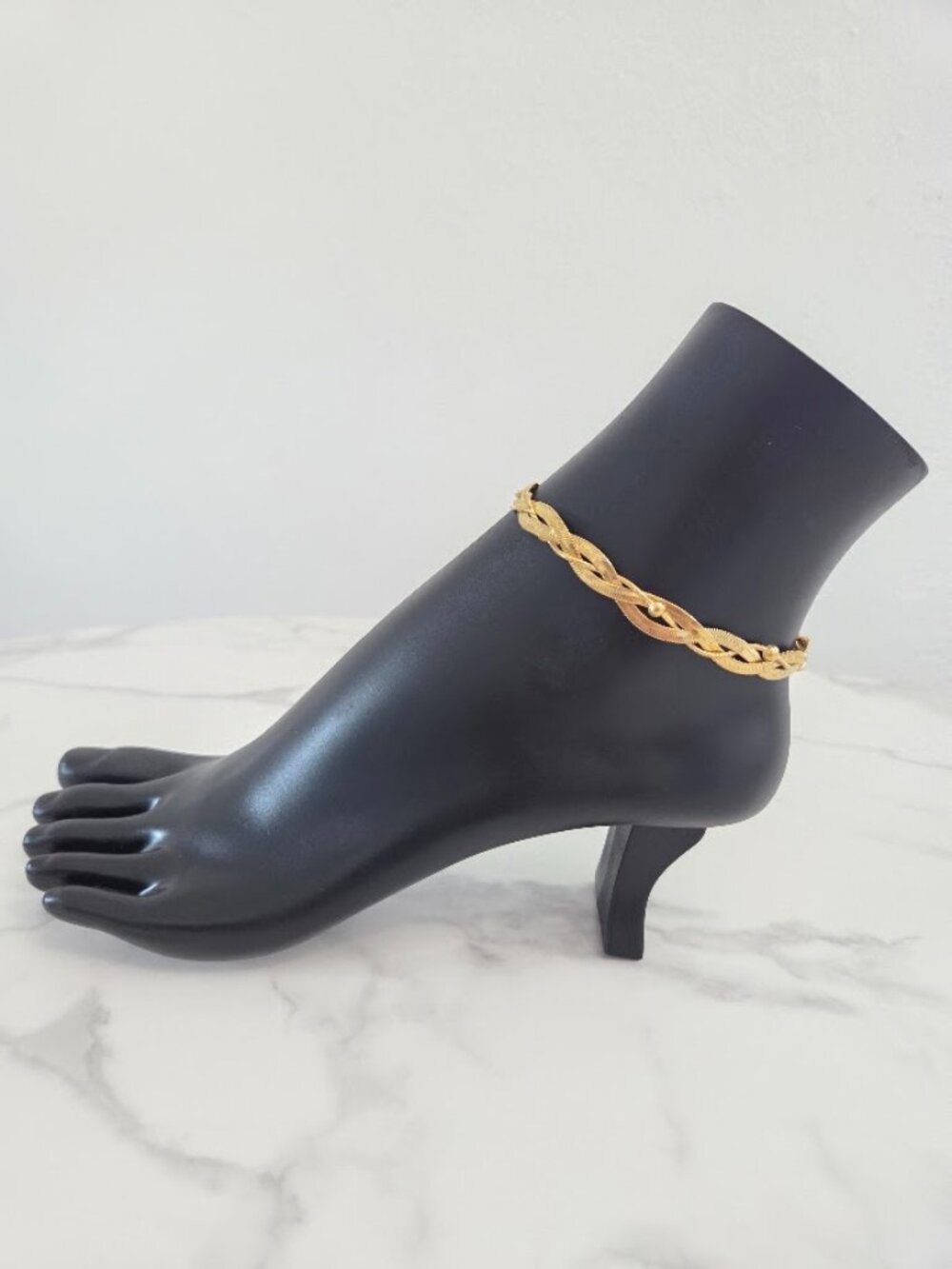 Vintage Gold Braided Herringbone Anklet Chevron Chain Anklet with Beads - Picture 2 of 12